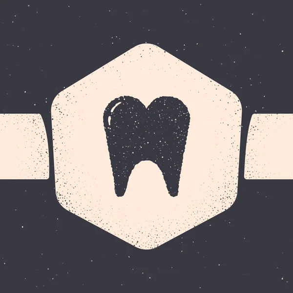 Grunge Tooth icoon geïsoleerd op grijze achtergrond. Tandsymbool voor tandheelkundige kliniek of tandarts medisch centrum en tandpasta pakket. Monochrome vintage tekening. Vector Illustratie — Stockvector