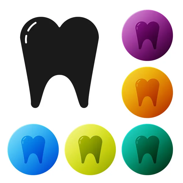 Czarny ząb ikona odizolowany na białym tle. Symbol zęba dla kliniki stomatologicznej lub stomatologicznego centrum medycznego i pakiet pasty do zębów. Zestaw ikon kolorowe przyciski koła. Ilustracja wektora — Wektor stockowy