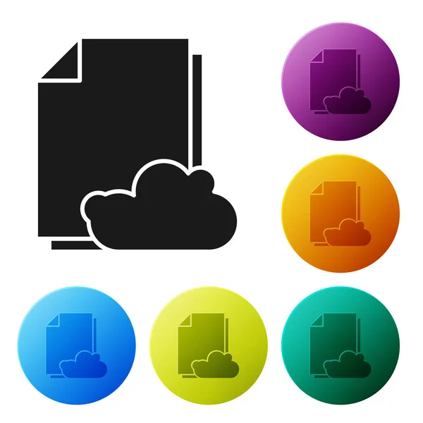 Icono de documento de texto de almacenamiento de Black Cloud aislado sobre fondo blanco. Establecer iconos botones círculo de colores. Ilustración vectorial — Vector de stock
