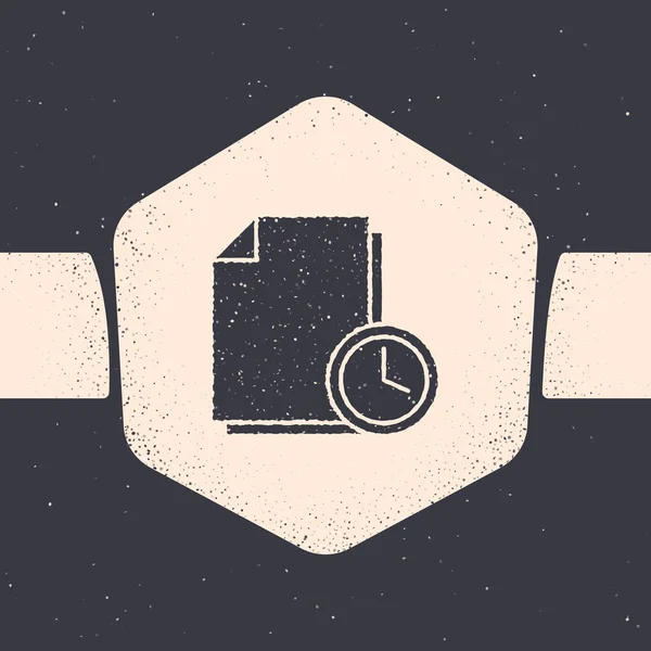 Grunge Document with clock icon isolated on grey background. Document and countdown, deadline, schedule, planning symbol. Monochrome vintage drawing. Vector Illustration — 스톡 벡터