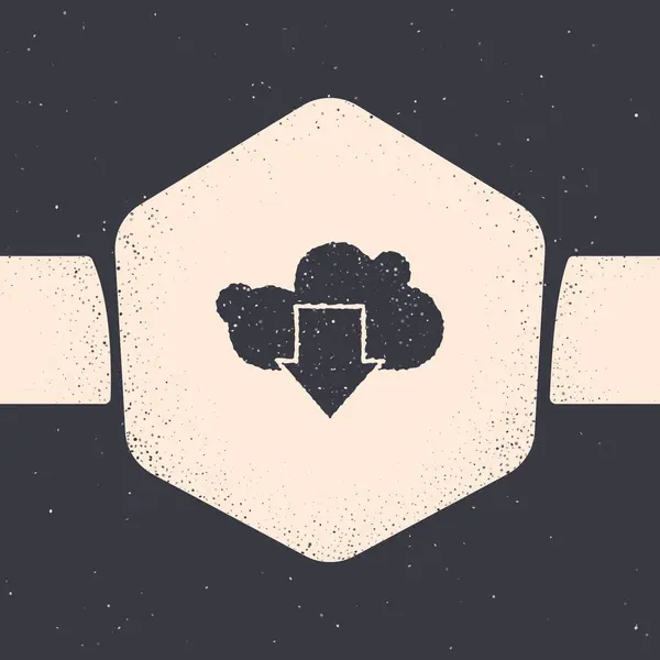 Grunge Cloud icono de descarga aislado sobre fondo gris. Dibujo vintage monocromo. Ilustración vectorial — Vector de stock