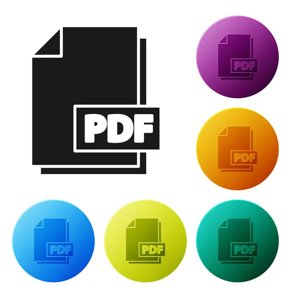 Documento de archivo PDF negro. Descargar icono del botón pdf aislado sobre fondo blanco. Símbolo archivo PDF. Establecer iconos botones círculo de colores. Ilustración vectorial — Vector de stock