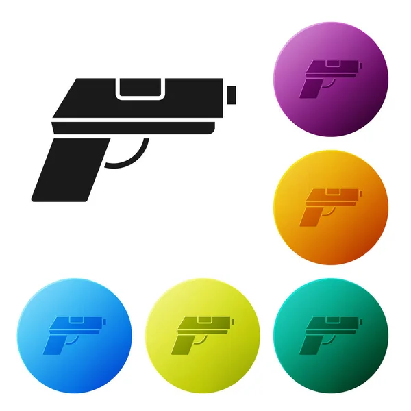 Black Pistol or gun icon isolated on white background. Police or military handgun. Small firearm. Set icons colorful circle buttons. Vector Illustration — Stock Vector