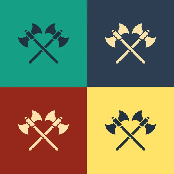 Color Crossed medieval axes icon isolated on color background. Battle axe, executioner axe. Vintage style drawing. Vector Illustration — 스톡 벡터