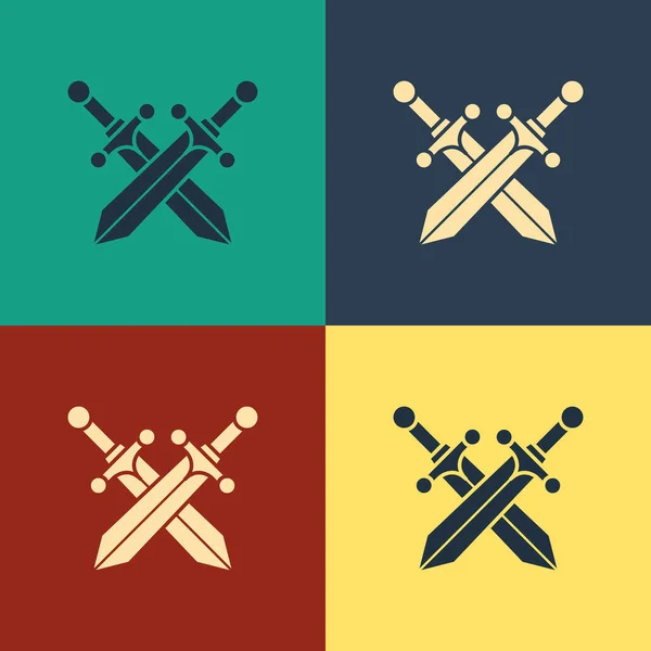 Colore Icona di spada medievale incrociata isolata su sfondo a colori. Disegno in stile vintage. Illustrazione vettoriale — Vettoriale Stock