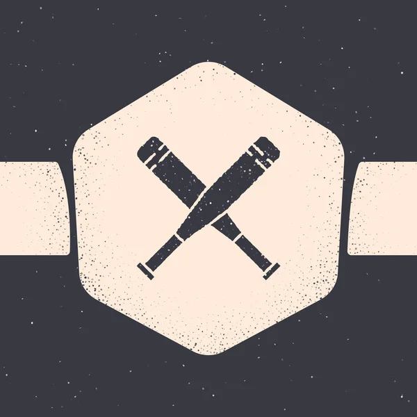 Grunge Ícone de bastão de beisebol cruzado isolado em fundo cinza. Desenho vintage monocromático. Ilustração vetorial — Vetor de Stock