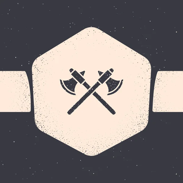Grunge Crossed medeltida axlar ikonen isolerad på grå bakgrund. Slaget yxa, bödel yxa. Monokrom vintage teckning. Vektor Illustration — Stock vektor