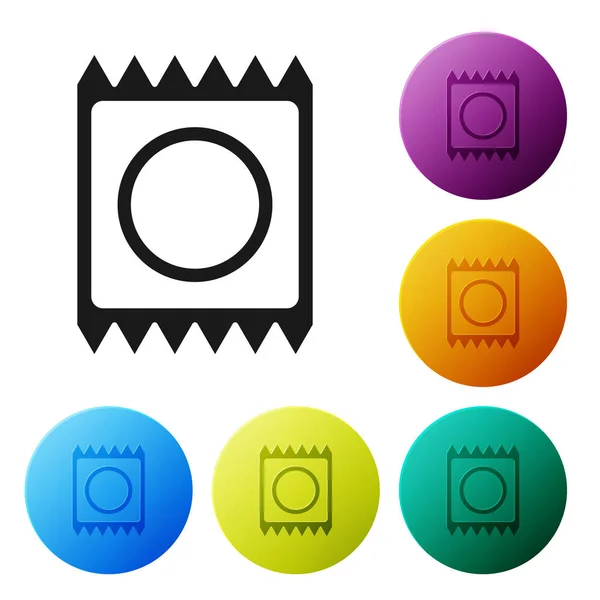 Black Condom in package icon isolated on white background. Safe love symbol. Contraceptive method for male. Set icons colorful circle buttons. Vector Illustration — Stock Vector