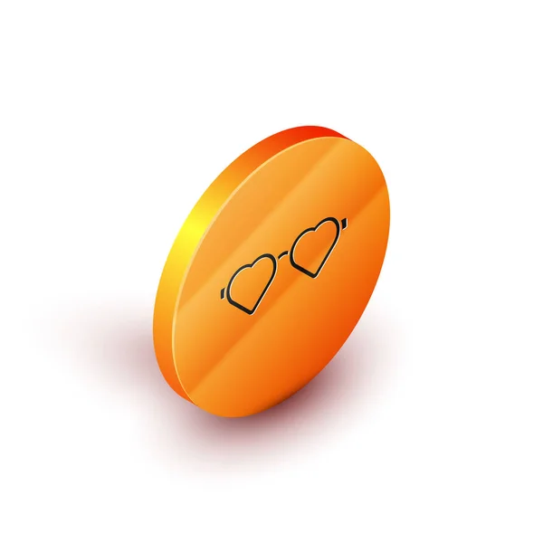 Icono de gafas de amor en forma de corazón isométrico aislado sobre fondo blanco. Adecuado para el diseño de tarjetas de San Valentín. Botón círculo naranja. Ilustración vectorial — Archivo Imágenes Vectoriales