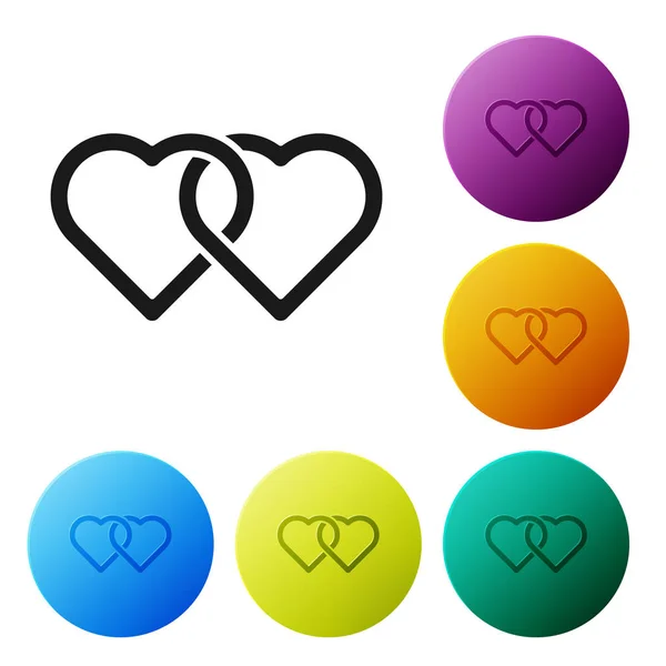 Black Two Linked Hearts icon isolated on white background. Romantic symbol linked, join, passion and wedding. Valentine day. Set icons colorful circle buttons. Vector Illustration — 스톡 벡터