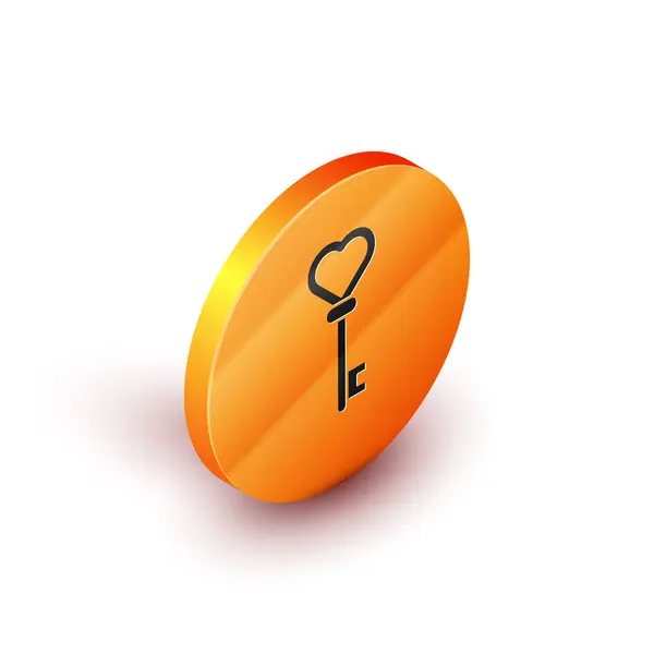 Isometric Key in heart shape icon isolated on white background. Orange circle button. Vector Illustration — Stock Vector