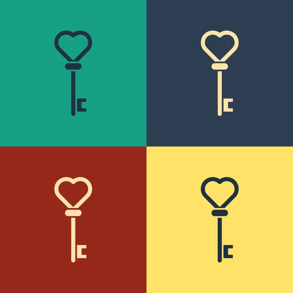 Chiave di colore nell'icona a forma di cuore isolata sullo sfondo a colori. Disegno in stile vintage. Illustrazione vettoriale — Vettoriale Stock