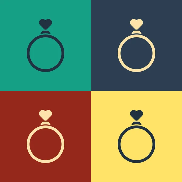 Color Wedding rings icon isolated on color background. Bride and groom jewelry sign. Marriage symbol. Diamond ring. Vintage style drawing. Vector Illustration — 스톡 벡터