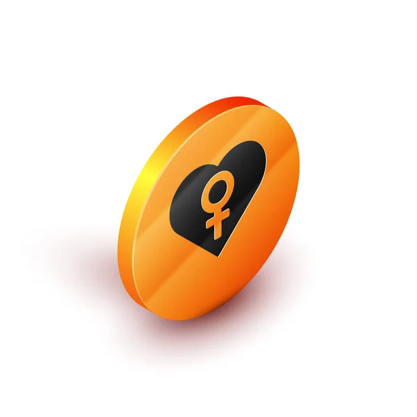 Corazón isométrico con icono de símbolo de género femenino aislado sobre fondo blanco. Símbolo Venus. El símbolo de un organismo femenino o una mujer. Botón círculo naranja. Ilustración vectorial — Vector de stock