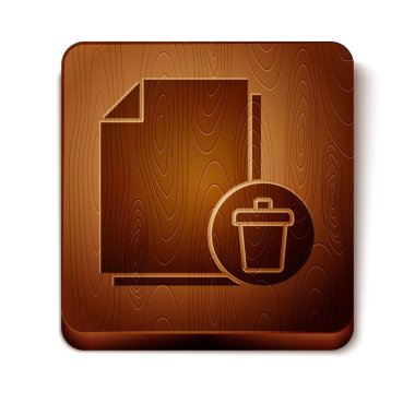 Kahverengi Dosya Belgesi simgesi beyaz arkaplanda izole edildi. Kağıt çarşafta geri dönüşüm kutusu işareti var. Reddedilmiş belge. Kağıt üzerinde çarmıh. Tahta kare düğme. Vektör İllüstrasyonu