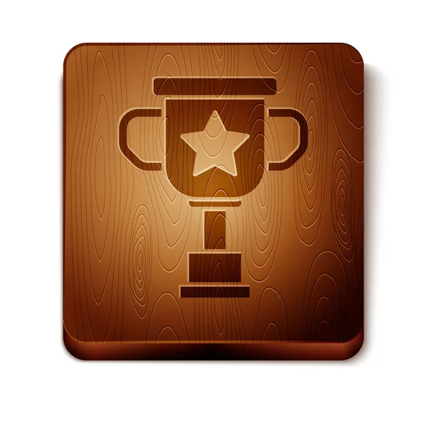 Icono de copa Brown Award aislado sobre fondo blanco. Símbolo del trofeo ganador. Campeonato o trofeo de competición. Señal de logro deportivo. Botón cuadrado de madera. Ilustración vectorial — Vector de stock