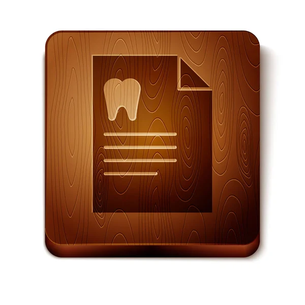 Clipboard marrom com cartão dental ou paciente ícone de registros médicos isolados em fundo branco. Seguro dentário. Relatório da clínica dentária. Botão quadrado de madeira. Ilustração vetorial —  Vetores de Stock