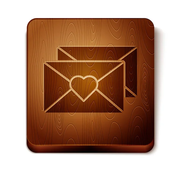 흰색 배경에 고립 된 발렌타인 하트 아이콘갈색 봉투. 메시지 사랑. 편지 사랑과 로맨스. 나무 사각형 버튼입니다. 벡터 일러스트레이션 — 스톡 벡터