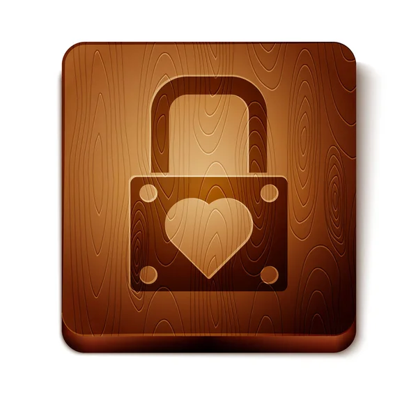 Cerradura marrón e icono del corazón aislado sobre fondo blanco. Corazón bloqueado. Signo de amor y cerradura. Símbolo de San Valentín. Botón cuadrado de madera. Ilustración vectorial — Vector de stock