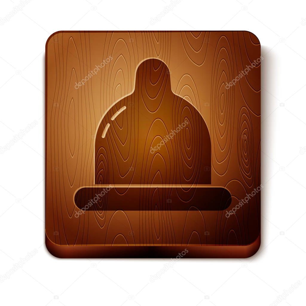 Brown Condom icon isolated on white background. Safe love symbol. Contraceptive method for male. Wooden square button. Vector Illustration