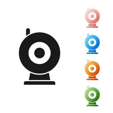 Siyah Web kamera simgesi beyaz arka planda yalıtılmış. Sohbet kamera. Web Kamerası simgesi. Simgeler renkli ayarlayın. Vektör Illustration