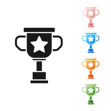 Beyaz arka planda siyah ödül kupa simgesi izole. Galibiyet ödülü sembolü. Şampiyonluk ya da yarışma kupası. Spor başarısı işareti. Simgeleri renklendirin. Vektör İllüstrasyonu