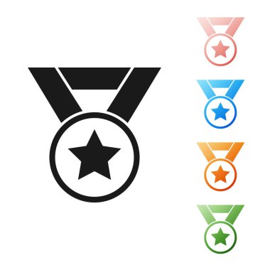 Beyaz arkaplanda siyah madalya ikonu izole edildi. Kazanan sembol. Simgeleri renklendirin. Vektör İllüstrasyonu