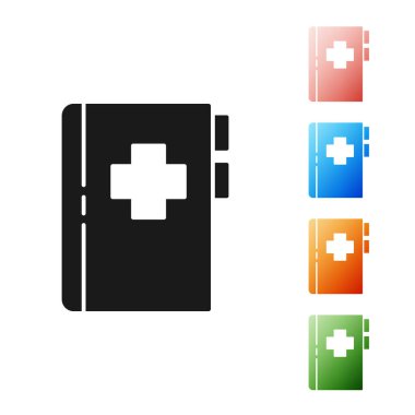 Diş kartı ya da hasta tıbbi kayıtları olan siyah pano beyaz arka planda izole edilmiş. Diş sigortası. Diş sağlığı kliniği raporu. Simgeleri renklendirin. Vektör İllüstrasyonu