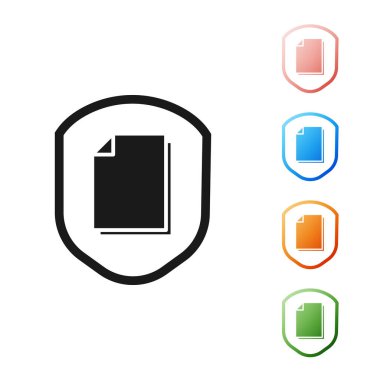 Siyah Belge Koruma konsepti simgesi beyaz arkaplanda izole edildi. Gizli bilgi ve gizlilik fikri, güvenlik, koruma, kalkan. Simgeleri renklendirin. Vektör İllüstrasyonu