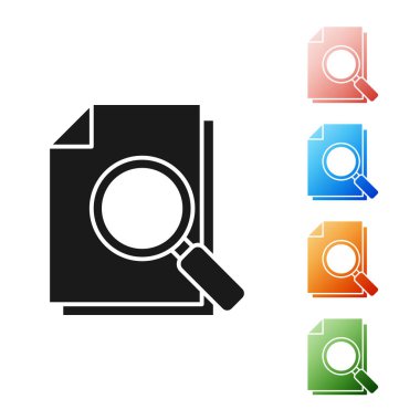 Beyaz arkaplanda arama simgesine sahip Siyah Belge. Dosya ve büyüteç simgesi. Analitik araştırma işareti. Simgeleri renklendirin. Vektör İllüstrasyonu