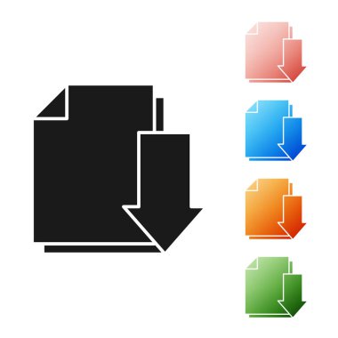 Beyaz arkaplanda indirme simgesine sahip Siyah Belge. Dosya belgesi sembolü. Simgeleri renklendirin. Vektör İllüstrasyonu