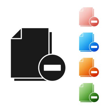 Siyah belge, beyaz arka planda eksi simgesi ile yalıtılmış. Belgeyi temizle. Dosya belgesini kaldırın. Bilgi dosyasını silin. Simgeler renkli ayarlayın. Vektör Illustration