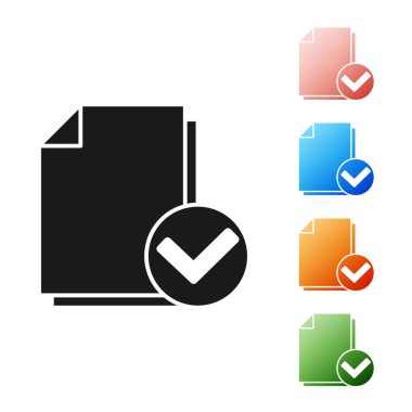 Siyah belge ve onay işareti simgesi beyaz arka planda yalıtılmış. Kontrol listesi simgesi. İş konsepti. Simgeler renkli ayarlayın. Vektör Illustration