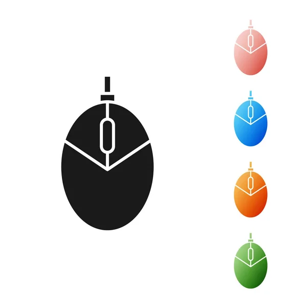 Negro icono de juego del ratón de ordenador aislado sobre fondo blanco. Óptica con símbolo de rueda. Establecer iconos de colores. Ilustración vectorial — Vector de stock