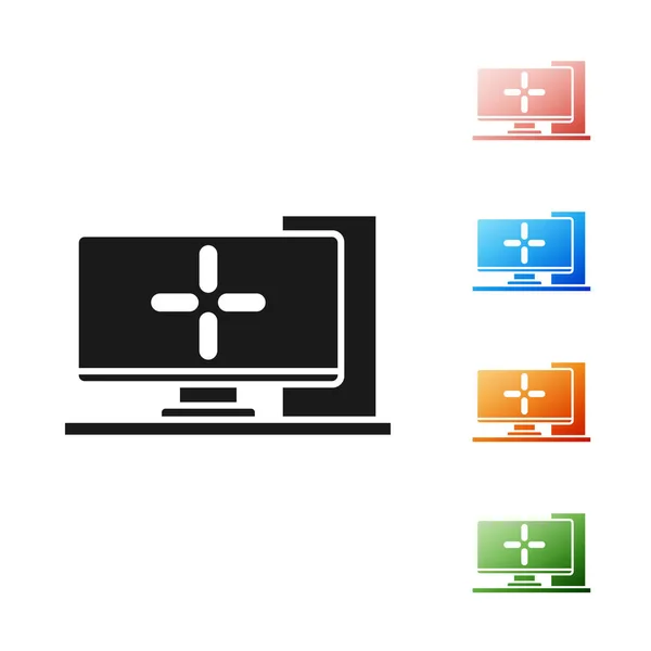 Schwarzes Computerbildschirm-Symbol isoliert auf weißem Hintergrund. PC-Komponenten-Zeichen. Setzen Sie Symbole bunt. Vektorillustration — Stockvektor