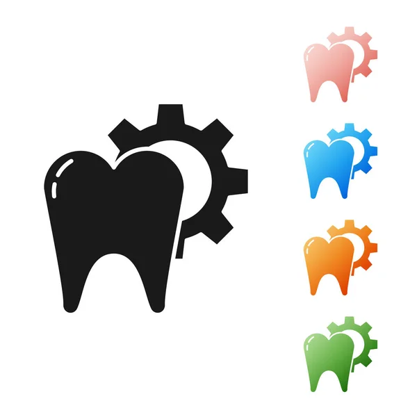 Icono de procedimiento de tratamiento de dientes negros aislado sobre fondo blanco. Reparación dental con engranaje. Establecer iconos de colores. Ilustración vectorial — Archivo Imágenes Vectoriales