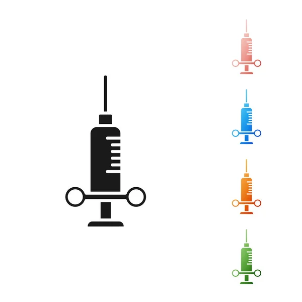 Jeringa médica dental negra con icono de aguja aislado sobre fondo blanco. Establecer iconos de colores. Ilustración vectorial — Archivo Imágenes Vectoriales