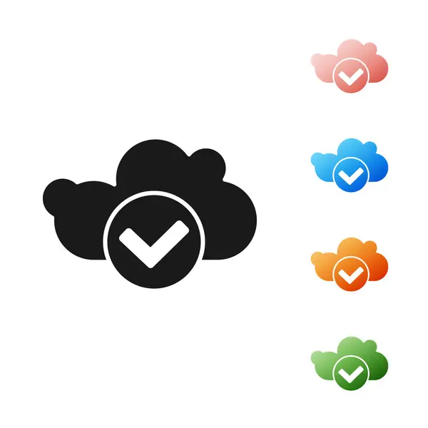 Nube negra con icono de marca de verificación aislado sobre fondo blanco. Protección de datos de almacenamiento en la nube. Computación en nube. Establecer iconos de colores. Ilustración vectorial — Vector de stock