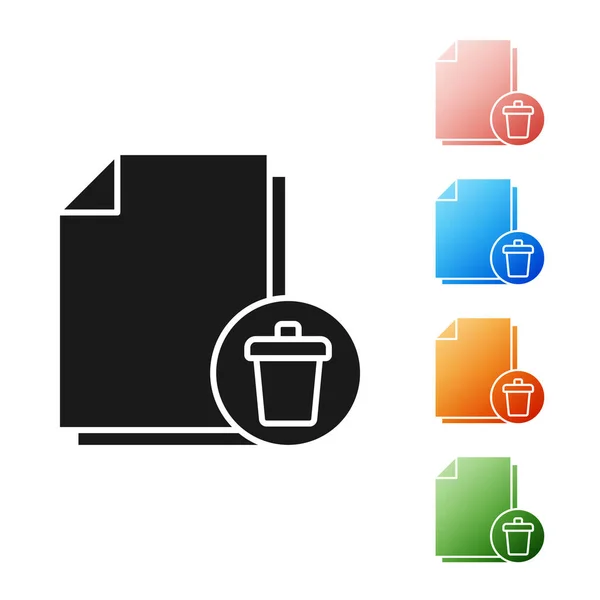 Black Delete file document icon isolated on white background. Paper sheet with recycle bin sign. Rejected document. Cross on paper. Set icons colorful. Vector Illustration — 스톡 벡터