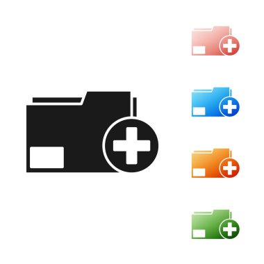 Siyah Ekle yeni dizin simgesi beyaz arkaplanda izole edildi. Yeni dizin dosyası. Belge simgesini kopyala. Eklenti oluşturma dizini yeni bir artı oluşturur. Simgeleri renklendirin. Vektör İllüstrasyonu