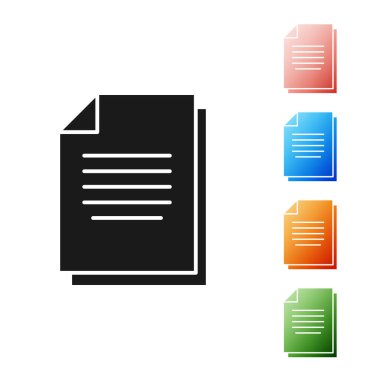 Siyah belge simgesi beyaz arka planda yalıtılmış. Dosya simgesi. Kontrol listesi simgesi. İş konsepti. Simgeler renkli ayarlayın. Vektör Illustration