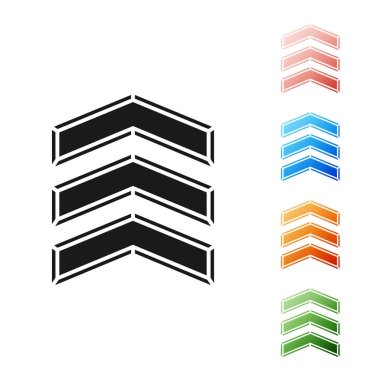 Siyah askeri rütbe simgesi beyaz arka planda izole edilmiş. Askeri rozet işareti. Simgeleri renklendirin. Vektör İllüstrasyonu