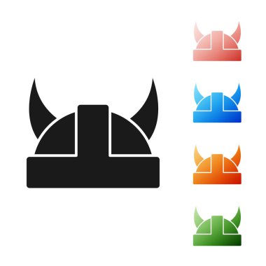 Siyah Viking boynuzlu miğfer ikonu beyaz arka planda izole edildi. Simgeleri renklendirin. Vektör İllüstrasyonu