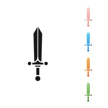 Siyah Ortaçağ kılıç simgesi beyaz arka planda izole edilmiş. Simgeleri renklendirin. Vektör İllüstrasyonu