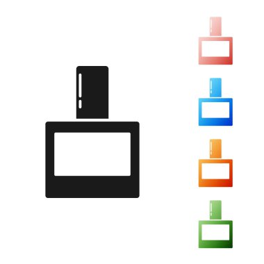 Beyaz arkaplanda siyah tıraş losyonu ikonu var. Parfüm spreyi ikonu. Erkek parfüm şişesi. Simgeleri renklendirin. Vektör İllüstrasyonu