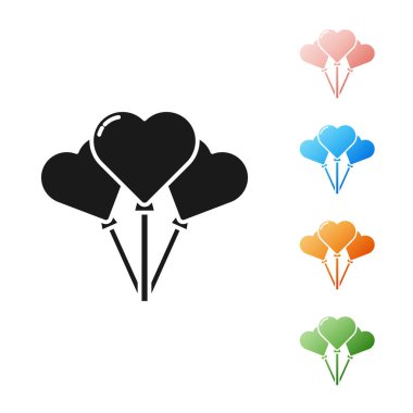 Beyaz arka plan üzerinde izole kurdele simgesi ile kalp şeklinde Siyah Balonlar. Simgeleri renkli ayarlayın. Vektör İllüstrasyonu