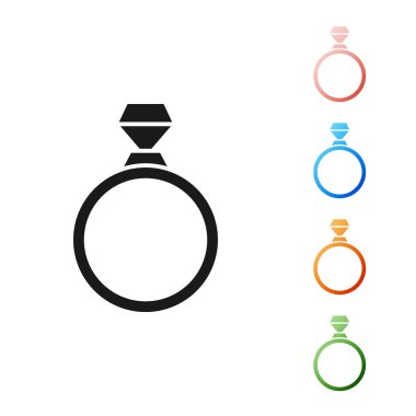 Siyah Elmas nişan yüzüğü simgesi beyaz arka plan üzerinde izole. Simgeleri renkli ayarlayın. Vektör İllüstrasyonu