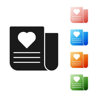 Beyaz arka plan üzerinde izole Valentine kalp simgesi ile Siyah Zarf. Mesaj aşk. Mektup aşk ve romantizm. Simgeleri renkli ayarlayın. Vektör İllüstrasyonu