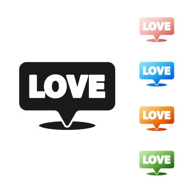 Beyaz arkaplanda izole edilmiş mesaj aşk simgesi olan siyah konuşma balonu. Sevgililer Günü. Simgeleri renklendirin. Vektör İllüstrasyonu