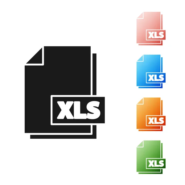 Black Xls akta dokumentum. Letöltés xls gomb ikon elszigetelt fehér háttérrel. Excel fájl szimbólum. Állítsa be az ikonok színes. Vektorillusztráció — Stock Vector